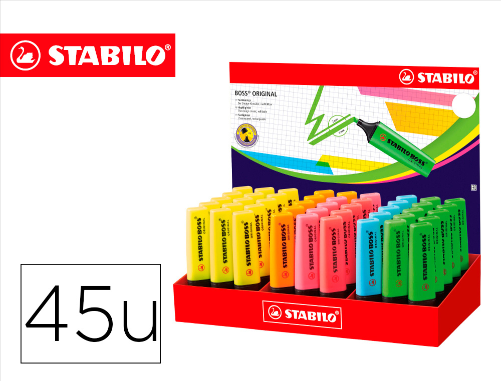 MARCADOR FLUORESCENTE STABILO BOSS 70 EXPOSITOR DE 45 UNIDADES CORES SORTIDAS