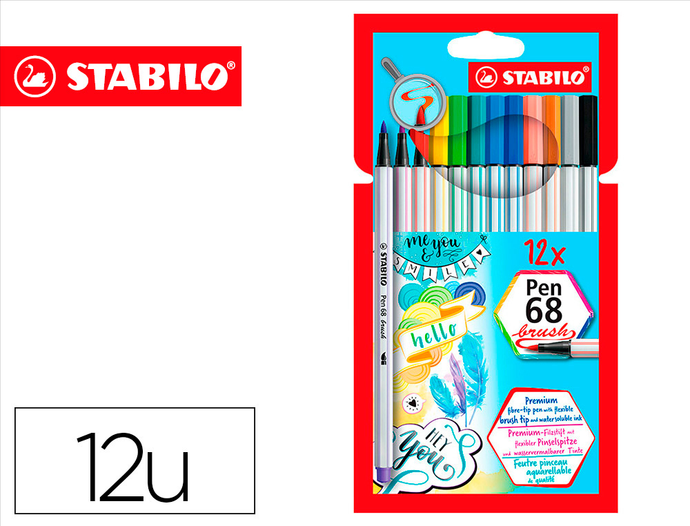 MARCADOR STABILO AGUARELAVEL PEN 68 BRUSH PONTA PINCEL ESTOJO DE 12 UNIDADES CORES SORTIDAS