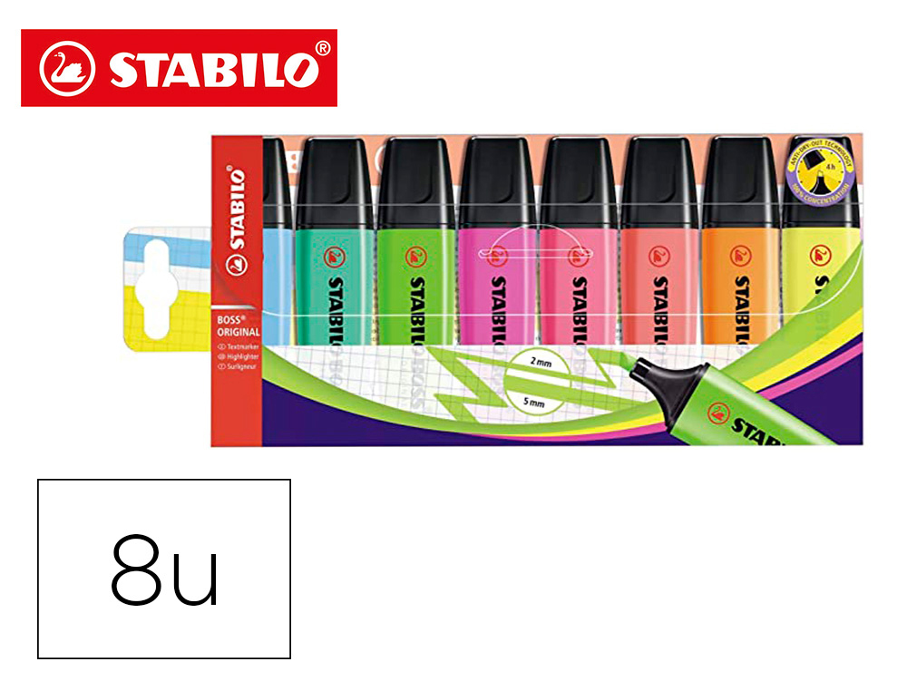 MARCADOR FLUORESCENTE STABILO BOSS 70 ESTOJO DE 8 UNIDADES CORES SORTIDAS