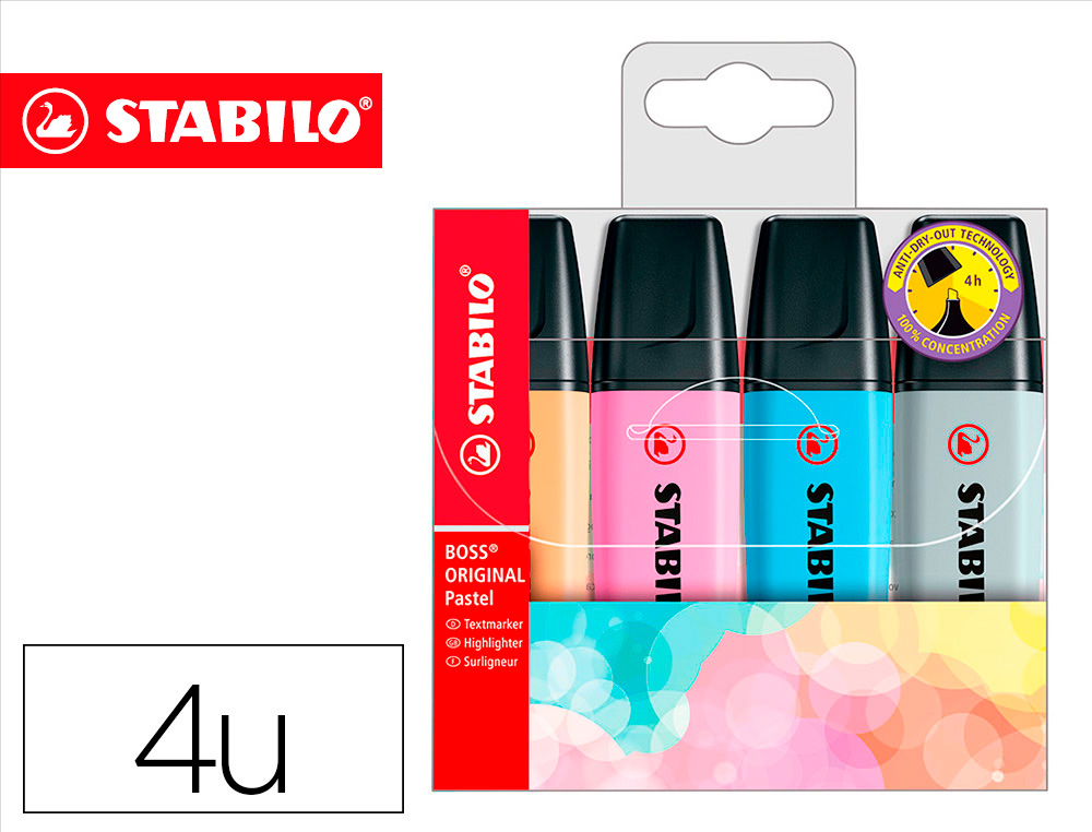 MARCADOR FLUORESCENTE STABILO BOSS 70 PASTEL ESTOJO DE 4 UNIDADES CORES SORTIDAS