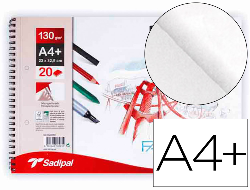 BLOCO DE DESENHO SADIPAL FABRIANO DIN A4+ ESPIRAL 20 FOLHAS 2 FUROS 130G/M2 GRAO SUAVE MICROPERFURADO LISO
