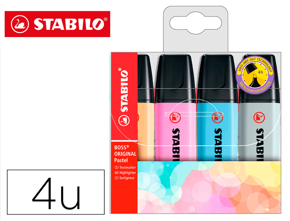 MARCADOR FLUORESCENTE STABILO BOSS 70 PASTEL ESTOJO DE 4 UNIDADES CORES NOVAS 2021 SORTIDAS
