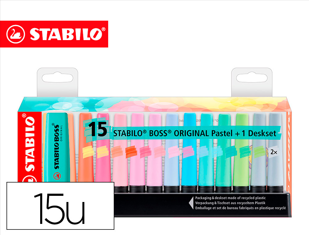MARCADOR FLUORESCENTE STABILO BOSS 70 PASTEL DESKSET ESTOJO DE 15 UNIDADES CORES SORTIDAS