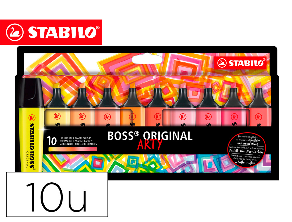 MARCADOR FLUORESCENTE STABILO BOSS 70 ARTY LINE CORES QUENTES ESTOJO CARTAO DE 10 UNIDADES CORES