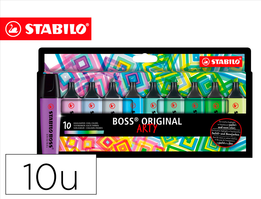 MARCADOR FLUORESCENTE STABILO BOSS 70 ARTY LINE CORES FRIOS ESTOJO CARTAO DE 10 UNIDADES CORES