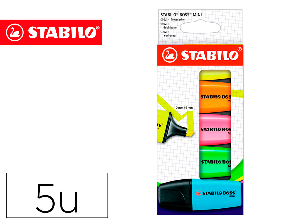 MARCADOR FLUORESCENTE STABILO BOSS MINI ESTOJO DE 5 UNIDADES AMARELO/AZUL/LARANJA/ROSA/VERDE
