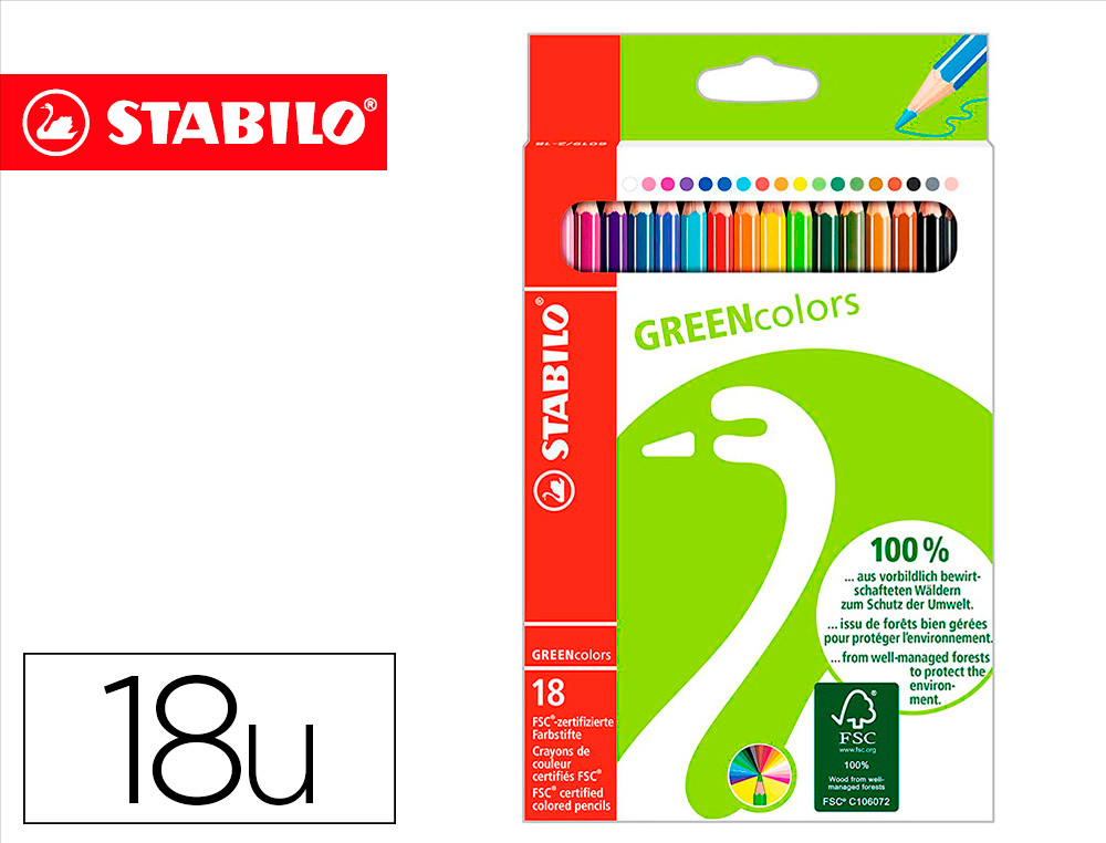 LAPIS DE COR STABILO GREEN COLORS COM CERTIFICADO FSC ESTOJO DE CARTAO DE 18 UNIDADES CORES SORTIDAS