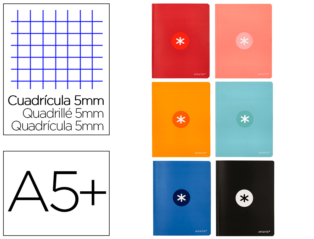 CADERNO COSIDO LIDERPAPEL ANTARTIK A5+ PLUS 48 F 90 GR QUADRICULA 5 MM COM MARGEM 6 CORES SORTIDAS
