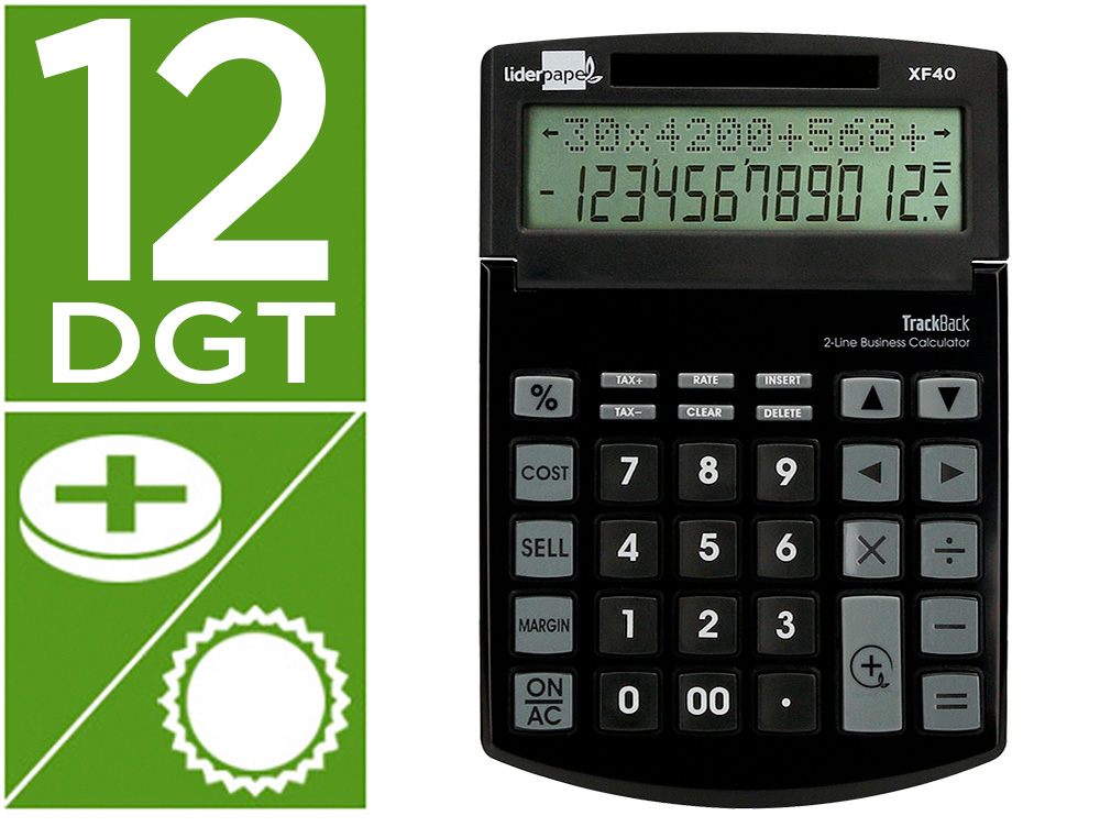 CALCULADORA LIDERPAPEL DE SECRETARIA XF40 12 DIGITOS DUAS LINHAS SOLAR E PILHAS COR PRETO 175X120X30 MM 40% PLASTICO REC