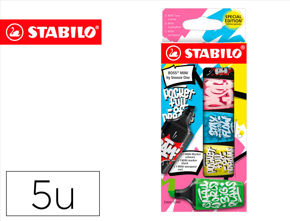 MARCADOR FLUORESCENTE STABILO BOSS MINI BY SNOOZE ONE ESTOJO DE 5 UNIDADES CORES SORTIDAS