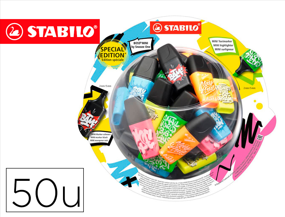 MARCADOR FLUORESCENTE STABILO BOSS MINI BY SNOOZE ONE EXPOSITOR BOIAO DE 50 UNIDADES CORES SORTIDAS