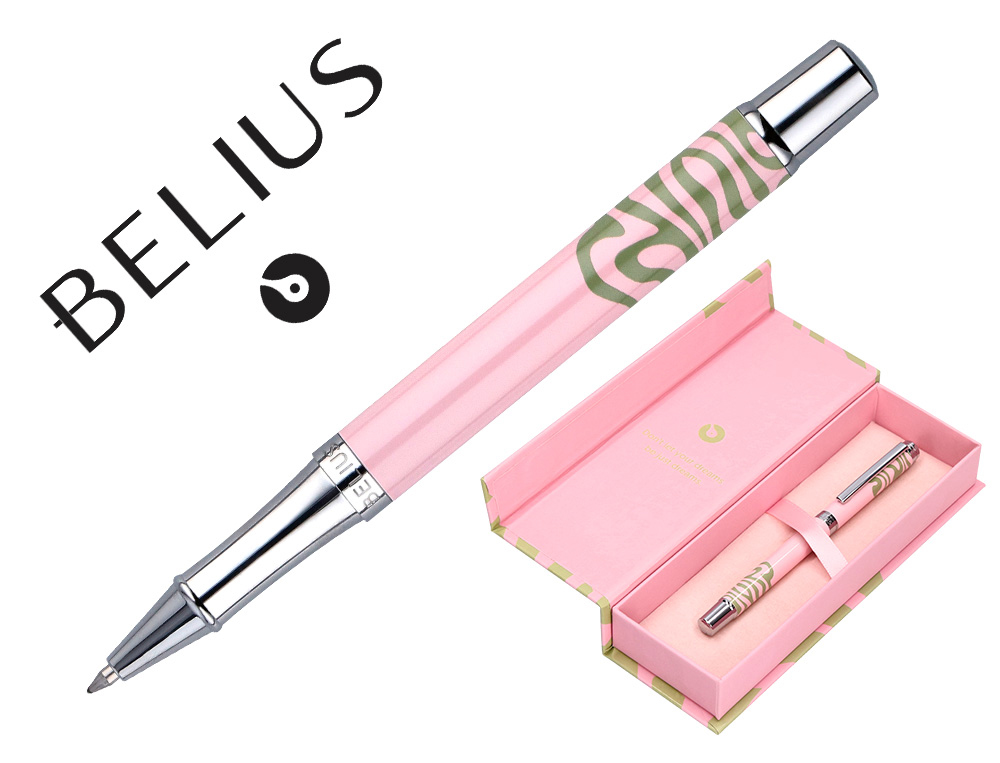 ROLLER BELIUS INK DREAMS ALUMINIO DESENHO ROSA E VERDE MATCHA PRATEADO FRASE INTERIOR CAIXA DESIGN TINTA PRETA
