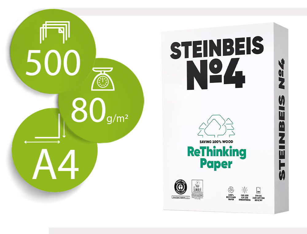 PAPEL FOTOCOPIA STEINBEIS N.4 100% RECICLADO DIN A4 80 GR EMBALAGEM DE 500 FOLHAS