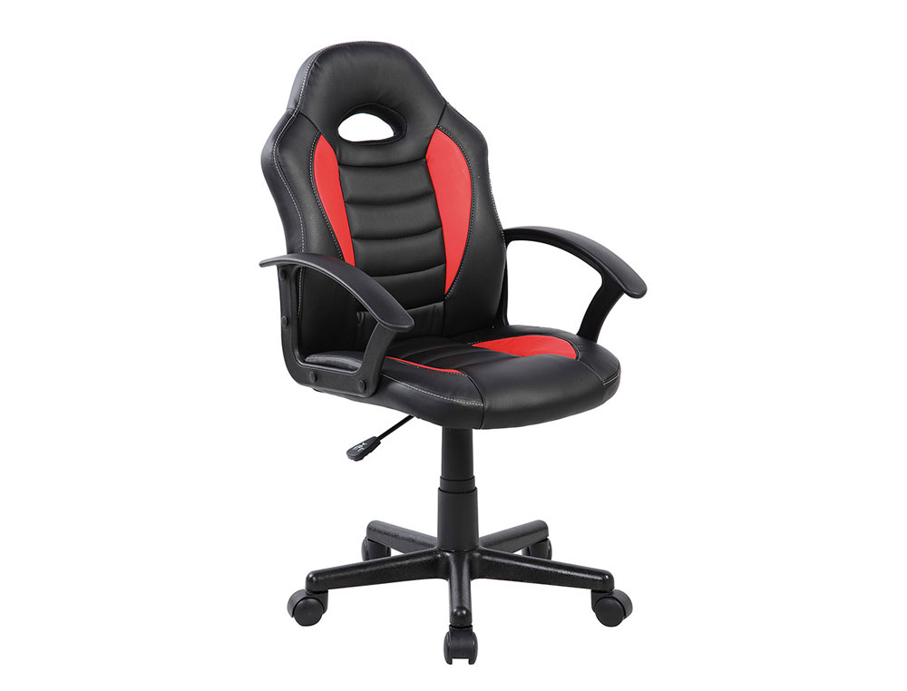 CADEIRA ROCADA GAMING BRACOS FIXOS BASE NYLON COM RODAS IMITACAO PELE PRETO/VERMELHO 435X430X880-995 MM
