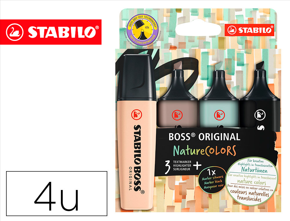MARCADOR FLUORESCENTE STABILO BOSS PASTEL 70 NATURE COLORS ESTOJO DE 4 UNIDADES CORES SORTIDAS