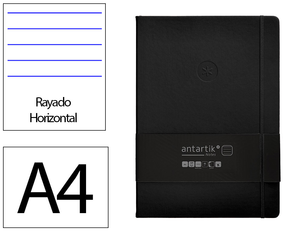 CADERNO COM ELASTICO ANTARTIK NOTES CAPA DURA A4 PAUTADO PRETO 100 FOLHAS 80 GR FSC