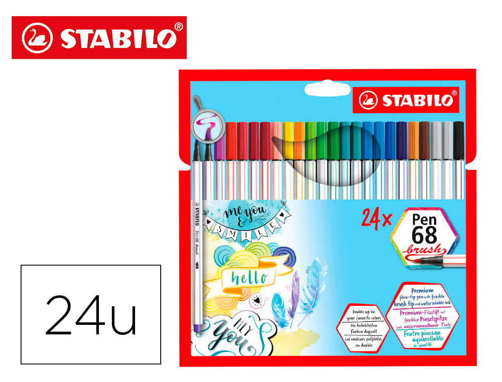 MARCADOR STABILO AGUARELAVEL PEN 68 BRUSH PONTA PINCEL ESTOJO DE 24 UNIDADES CORES SORTIDAS