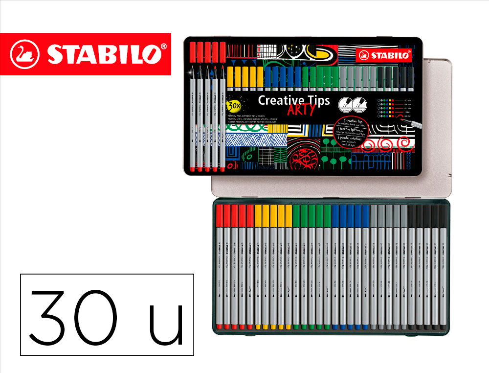 MARCADOR STABILO CREATIVE TIPS ARTY LINE CLASSIC 5 PONTAS DIFERENTES POR COR ESTOJO METALICO DE 30 UNIDADES CORES SORTID