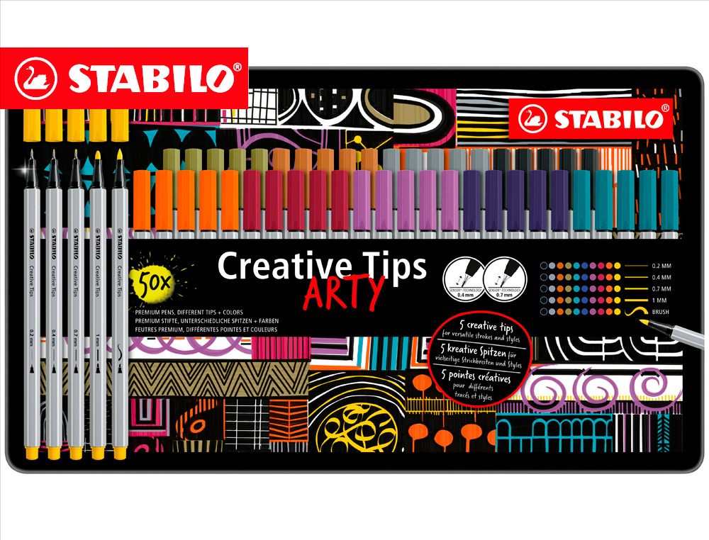MARCADOR STABILO CREATIVE TIPS ARTY LINE CLASSIC 5 PONTAS DIFERENTES POR COR ESTOJO METALICO DE 30 UNIDADES CORES PASTEL