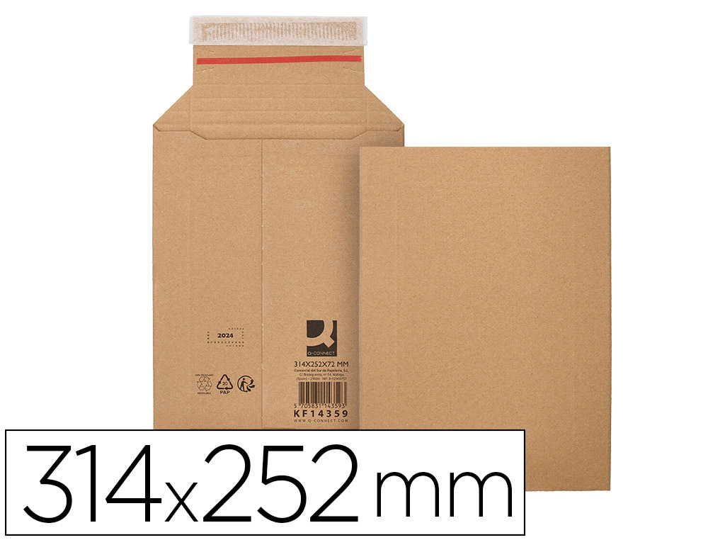 ENVELOPE PARA ENVIOS Q-CONNECT CARTAO 100% RECICLADO E RECICLAVEL FECHO AUTOADESIVO 314X252X72 MM COR KRAFT