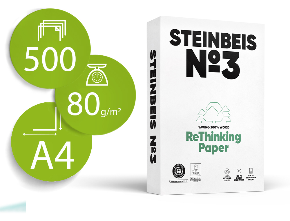 PAPEL FOTOCOPIA STEINBEIS N.3 100% RECICLADO DIN A4 80 GR EMBALAGEM 500 FOLHAS