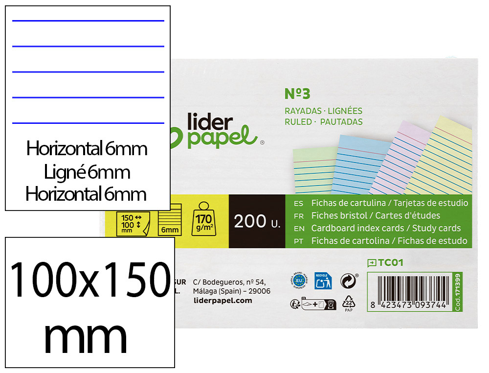 CARTAO LIDERPAPEL PARA ESTUDAR PAUTADO CARTOLINA DE CORES 180 GR 100X150MM EMBALAGEM DE 200 UNIDADES