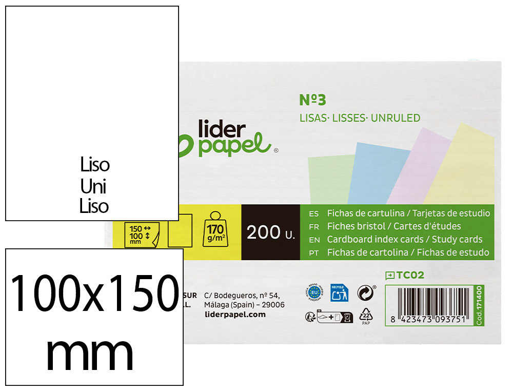 CARTAO LIDERPAPEL PARA ESTUDAR LISO CARTOLINA DE CORES 180 GR 100X150MM EMBALAGEM DE 200 UNIDADES