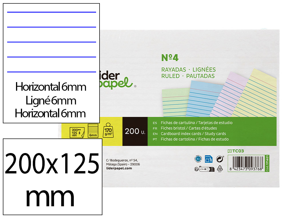 CARTAO LIDERPAPEL PARA ESTUDAR PAUTADO CARTOLINA DE CORES 180 GR 125X200MM EMBALAGEM DE 200 UNIDADES