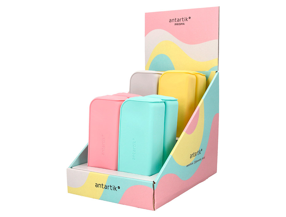 ESTOJO ESCOLAR ANTARTIK PRISMA SILICONE SOFT RETANGULAR 185X50X75 MM EXPOSITOR DE 8 UNIDADES CORES PASTEL