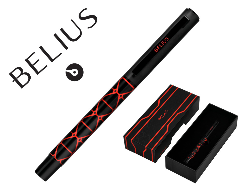 ESFEROGRAFICA BELIUS LEGACY ALUMINIO DESENHO TRIANGULO VERMELHO CORPO PRETO TINTA COR AZUL CAIXA DE DESIGN