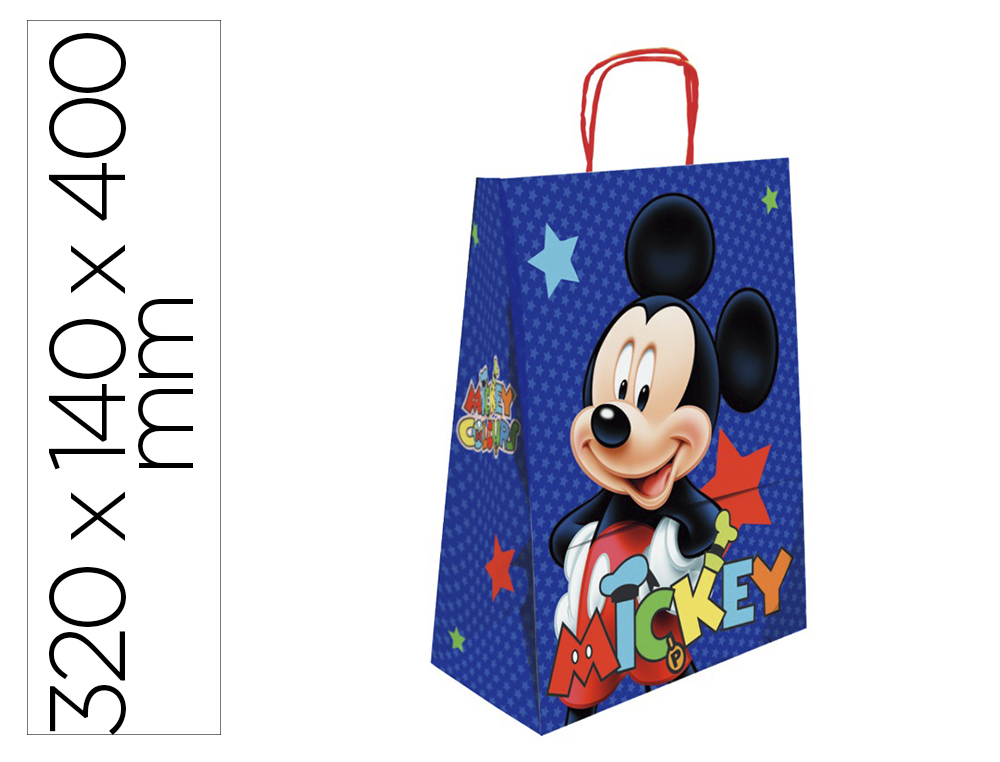 SACO PARA PRESENTE BASIKA PAPEL CELULOSE 90 GR MICKEY COM ASA RETORCIDA TAMANHO L 320X140X400 MM