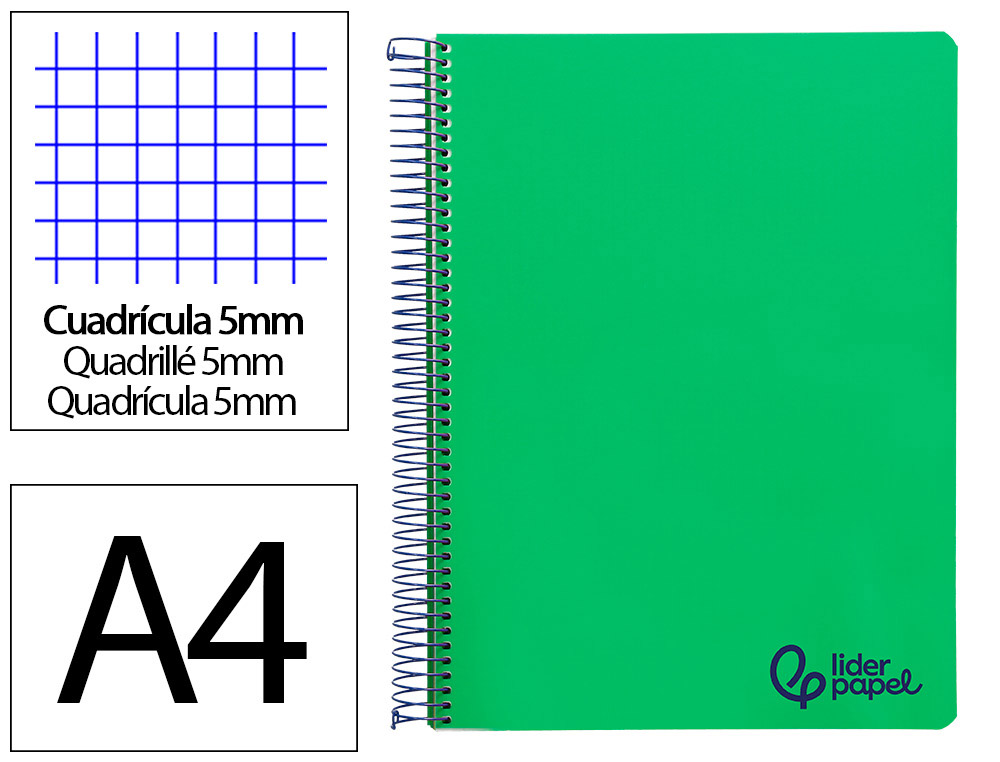 CUADERNO ESPIRAL LIDERPAPEL A4 MICRO WONDER TAPA PLASTICO 120H 90GR CUADRO 5MM 5 BANDAS 4 TALADROS COLOR TURQUESA