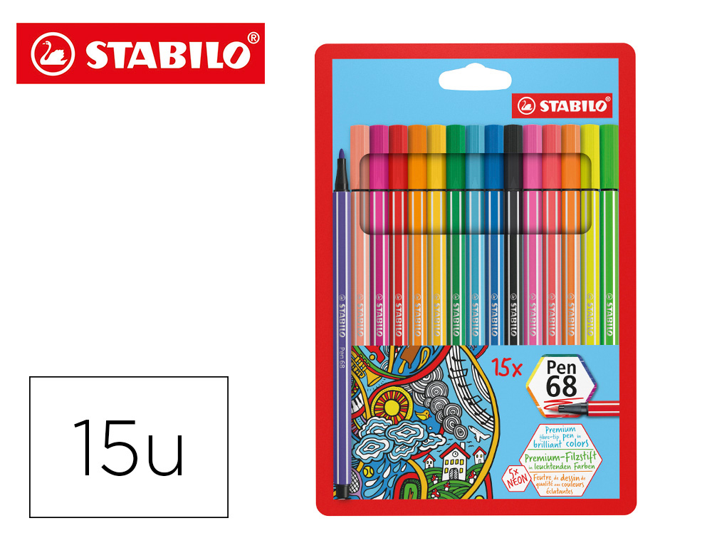 MARCADOR STABILO AGUARELAVEL PEN 68 ESTOJO DE 10 CORES STANDARD + 5 CORES NEON