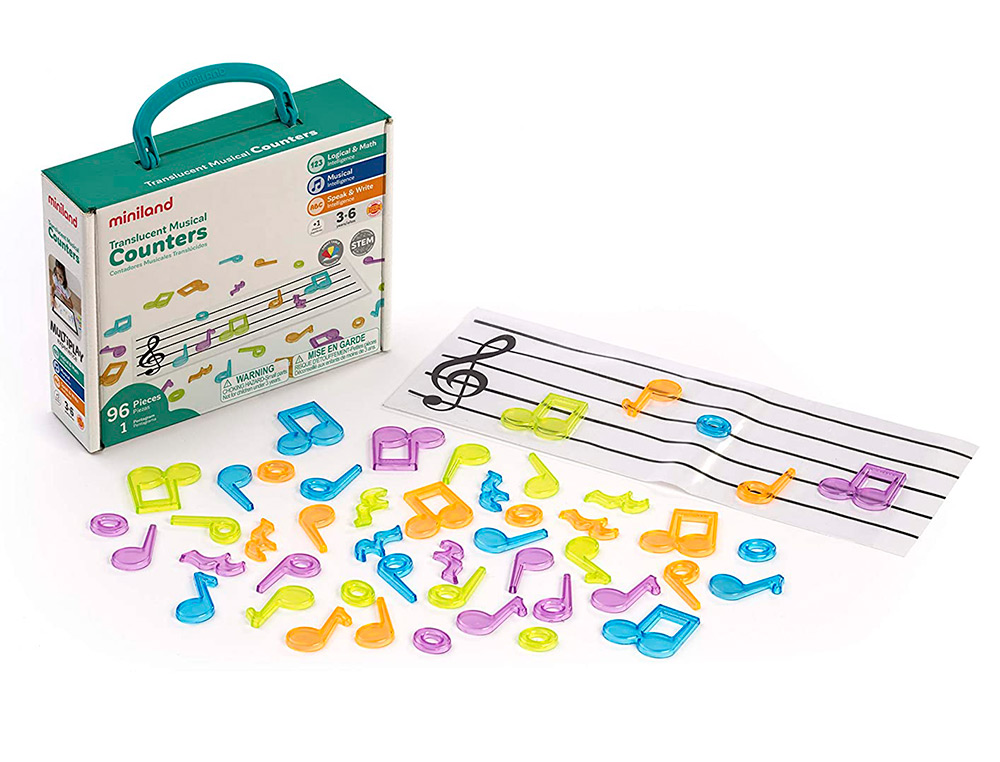 JOGO MINILAND CONJUNTO DE CONTADORES TRANSLUCIDOS CONTEUDO 96 NOTAS MUSICAIS E 1 PENTAGRAMA TRANSPARENTE