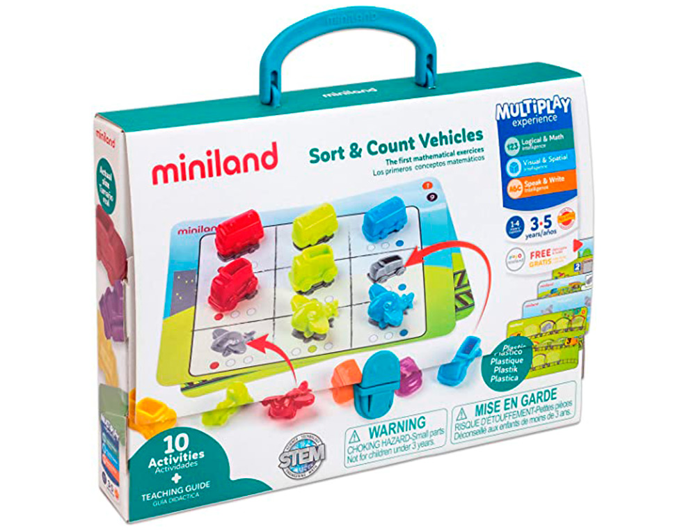JOGO MINILAND 36 VEICULOS E 5 FICHAS DE ATIVIDADE DE DUPLA FACE PARA LOGICA MATEMATICA 310X70X531 MM