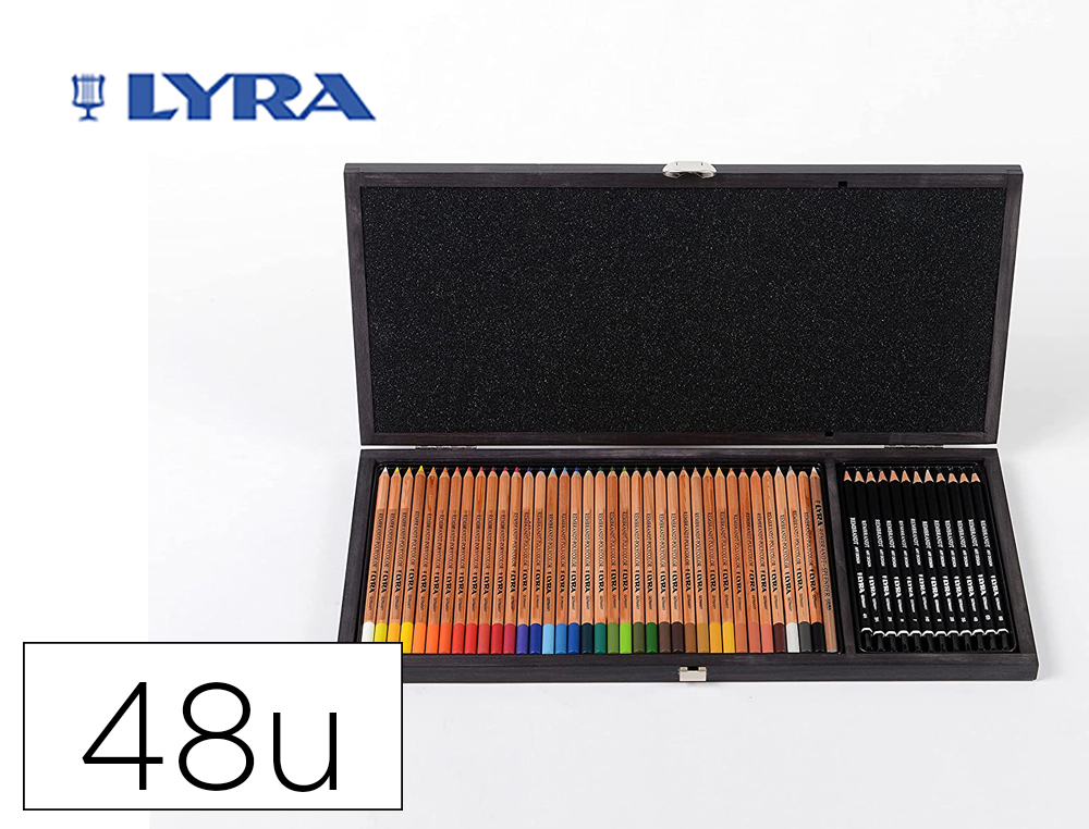 LAPIS DE COR LYRA REMBRANDT POLYCOLOR 36 CORES SORTIDAS + 12 LAPIS DE GRAFITE EM MALA DE MADEIRA