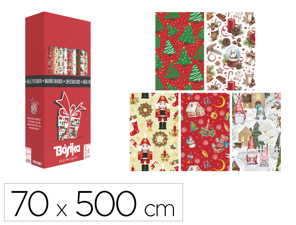 PAPEL FANTASIA BASIKA NATAL ROLO LARGURA 70 CM COMPRIMENTO 5 M DESENHOS SORTIDOS GRAMAGEM 50 GR