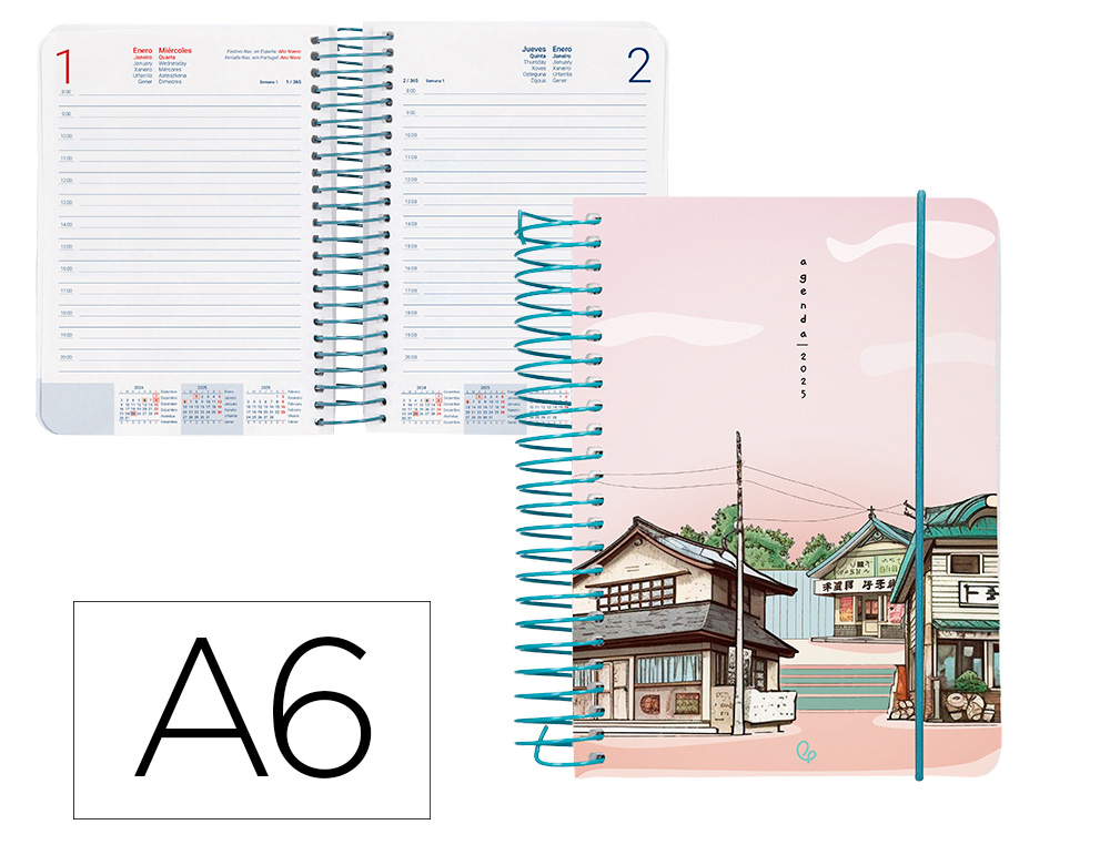 AGENDA ESPIRAL LIDERPAPEL SANTORINI A6 2025 DIA PAGINA ENTARDECER ROSA PAPEL 60 GR