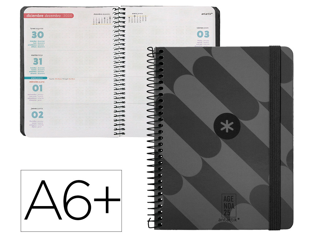 AGENDA ENCADERNADA ANTARTIK PATTERN A6+ 2025 SEMANA VISTA COR PRETO PAPEL 80 GR