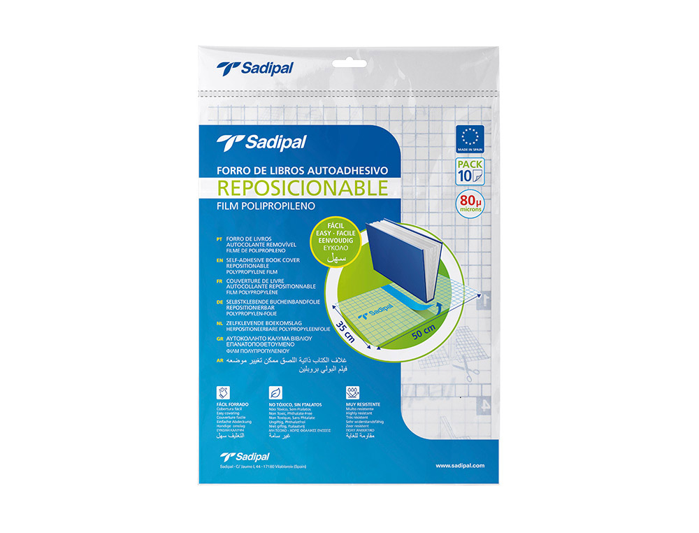 FORRA LIVRO ADESIVO PARA LIVROS SADIPAL REPOSICIONAVEL 80 MC 50X35 CM PACK DE 10 UNIDADES
