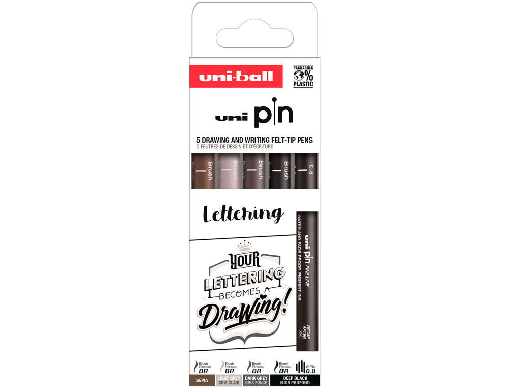 ROTULADOR UNIBALL PIN LETTERING BLISTER DE 5 UNIDADES COLORES SURTIDOS