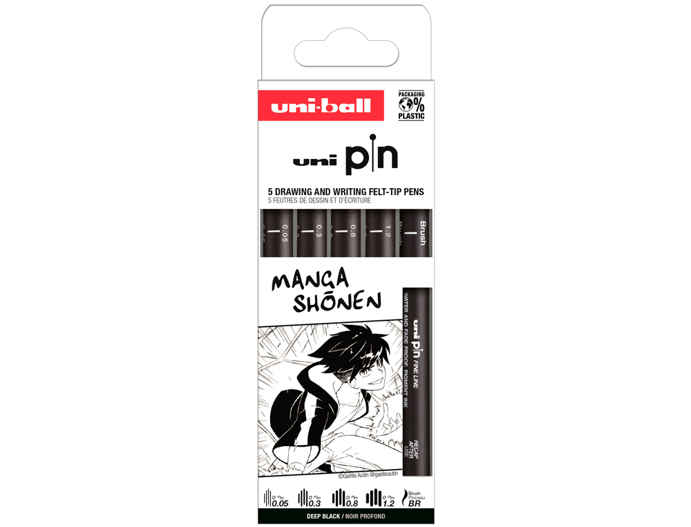 ROTULADOR UNIBALL PIN MANGA SHONEN COLOR NEGRO BLISTER DE 5 UNIDADES