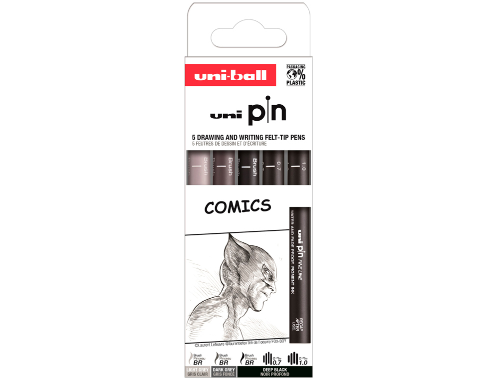 ROTULADOR UNIBALL PIN COMICS BLISTER DE 5 UNIDADES COLORES SURTIDOS