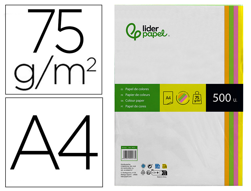 PAPEL DE COR LIDERPAPEL DIN A4 75 GR QUATRO CORES NEON SORTIDAS EMBALAGEM DE 500 FOLHAS